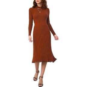 IWFEV Sweater Dress Mid-Calf Pleated Dress Long Sleeve Knit Pullover Bodycon Women's Maxi Dress