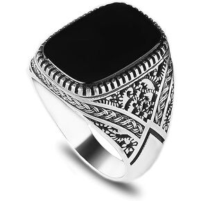 925 Sterling Silver Genuine Black Onyx Stone Mens Silver Ring Silver Signet Ring for Men Handmade Engraved Silver Men Rings Sterling Silver Pinky Ring Gift for Men Gift for Dad