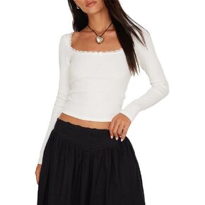 Women Cute Bow Crop Top Vintage Long Sleeve Bow Tie T-Shirt Slim Fit Y2K Lace Trim Cropped Blouse Going Out Top
