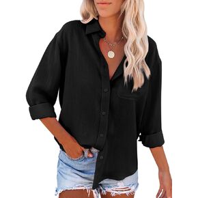 siliteelon Womens Button Down Shirts Cotton Dress Shirts Long Sleeve Blouses V Neck Solid Casual Tunics Tops with Pockets - Black Bu M
