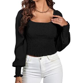 LYANER Women's Square Neck Shirred Ruffle Trim Puff Long Sleeve Crop Blouse Shirt