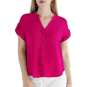 EZEN Women's Summer V Neck Cuffed Short Sleeve Button Down Blouse Top