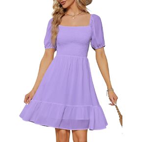 YATHON Summer Dress for Women Wedding Guest Tie Back Sundresses for Women Casual Beach Ruffle Pleated A-Line Mini Dresses