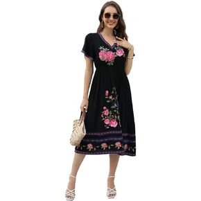 IDOPIP Women's Mexican Dresses Traditional Ethnic Embroidered Floral Dress Peasant Casual Pleated Midi A-line Cocktail Dress