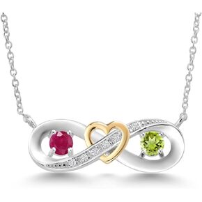 925 Silver and 10K Yellow Gold Round Red Ruby Green Peridot and White Lab Grown Diamond 2-Tone Heart Interlocking Infinity Symbol Pendant Necklace For Women (0.71 Cttw, with 18 Inch Chain)