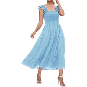 ROYLAMP Women's Summer Ruffled Strap Dress Square Neck Smocked High Waist Tiered A Line Flowy Midi Sun Dresses