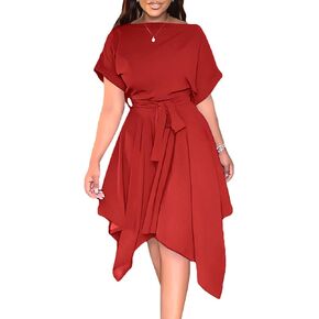Umenlele Women’s Casual Short Sleeve Tie Waist Asymmetric Hem Swing Summer A Line Midi Dress