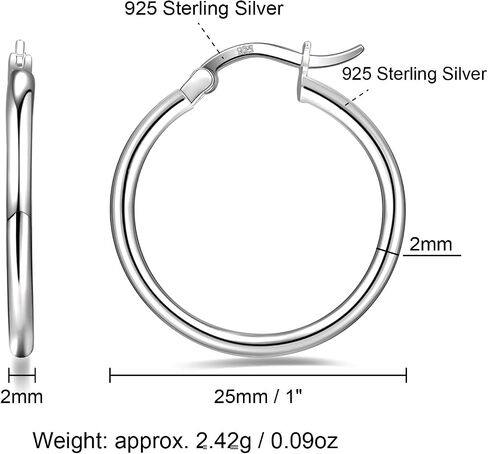 Sterling Silver Hoop Earrings 7 Sizes Options 2mm Tube High Polished Silver Hoops 15mm 20mm 25mm 30mm 40mm 50mm 60mm Hypoallergenic Jewelry in Saudi Arabia