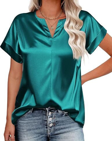 بلوزة حريمي كاجوال من الساتان بأكمام قصيرة ورقبة على شكل حرف V صيفية علوية متينة للمكتب S-XXL in Kuwait