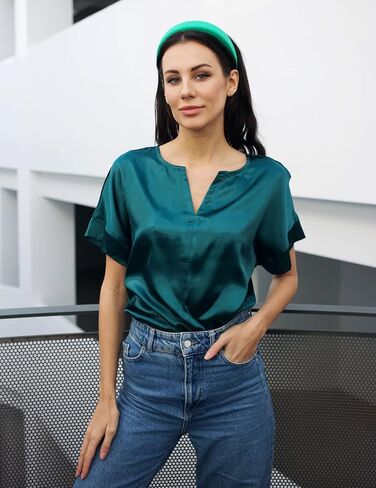 بلوزة حريمي كاجوال من الساتان بأكمام قصيرة ورقبة على شكل حرف V صيفية علوية متينة للمكتب S-XXL in Kuwait