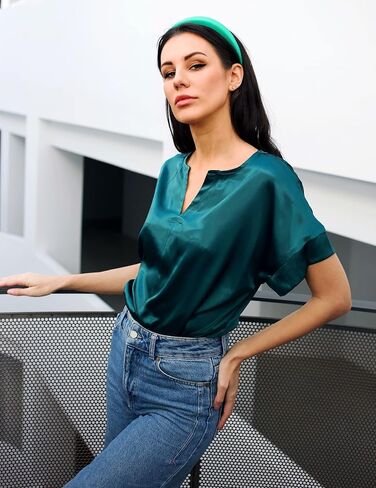 بلوزة حريمي كاجوال من الساتان بأكمام قصيرة ورقبة على شكل حرف V صيفية علوية متينة للمكتب S-XXL in Kuwait