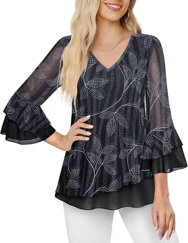 بلوزات نسائية من VALOLIA بأكمام 3/4 مزهرة ورقبة على شكل حرف V وطبقات مزدوجة شبكية in Kuwait