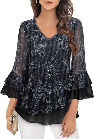 بلوزات نسائية من VALOLIA بأكمام 3/4 مزهرة ورقبة على شكل حرف V وطبقات مزدوجة شبكية in Kuwait