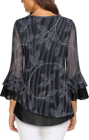 بلوزات نسائية من VALOLIA بأكمام 3/4 مزهرة ورقبة على شكل حرف V وطبقات مزدوجة شبكية in Kuwait