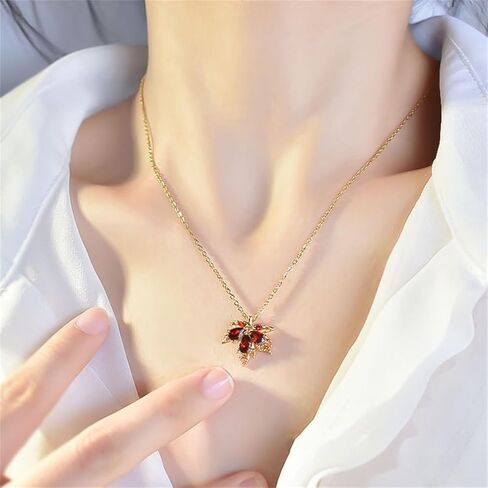 Fall Maple Leaf Crystal Pendant Necklace for Women Girls Gold Plated Charm Red Leaves Chic Rhinestone Cubic Zirconia Chain Necklace for Autumn Thanksgiving Christmas Party Holiday Jewelry Gifts in Saudi Arabia