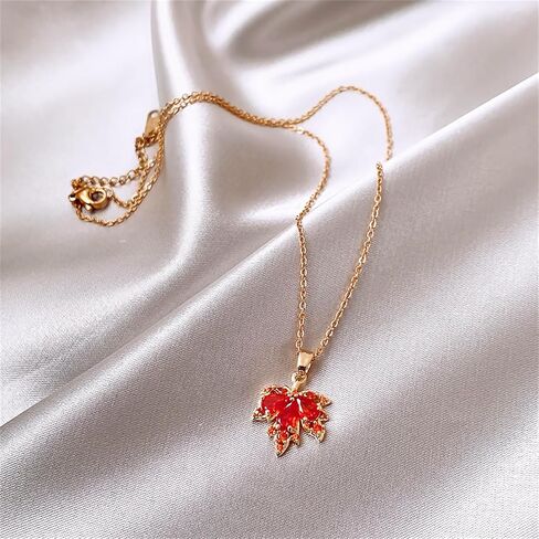 Fall Maple Leaf Crystal Pendant Necklace for Women Girls Gold Plated Charm Red Leaves Chic Rhinestone Cubic Zirconia Chain Necklace for Autumn Thanksgiving Christmas Party Holiday Jewelry Gifts in Saudi Arabia