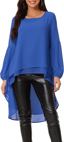 Women's High Low Asymmetrical Tops Lantern Long Sleeve Round Neck Irregular Hem Casual Tops Blouse in Saudi Arabia