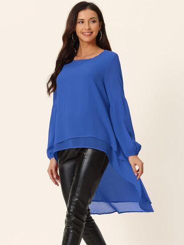 Women's High Low Asymmetrical Tops Lantern Long Sleeve Round Neck Irregular Hem Casual Tops Blouse in Saudi Arabia