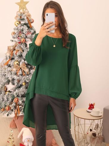 Women's High Low Asymmetrical Tops Lantern Long Sleeve Round Neck Irregular Hem Casual Tops Blouse in Saudi Arabia