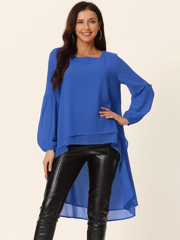 Women's High Low Asymmetrical Tops Lantern Long Sleeve Round Neck Irregular Hem Casual Tops Blouse in Saudi Arabia