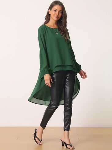 Women's High Low Asymmetrical Tops Lantern Long Sleeve Round Neck Irregular Hem Casual Tops Blouse in Saudi Arabia