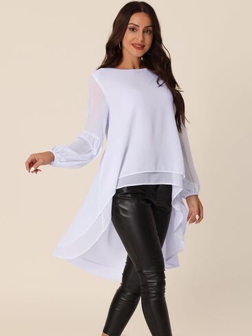 Women's High Low Asymmetrical Tops Lantern Long Sleeve Round Neck Irregular Hem Casual Tops Blouse in Saudi Arabia