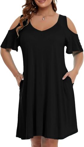 JollieLovin Womens Plus Size Short Sleeve Cold Shoulder V Neck T-Shirt Dress with Pockets in Saudi Arabia