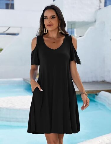 JollieLovin Womens Plus Size Short Sleeve Cold Shoulder V Neck T-Shirt Dress with Pockets in Saudi Arabia