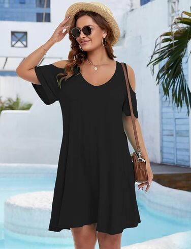 JollieLovin Womens Plus Size Short Sleeve Cold Shoulder V Neck T-Shirt Dress with Pockets in Saudi Arabia