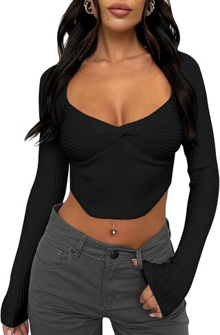 Women's Long Sleeve Crop Tops Sexy Square Neck Ruched Sweater Y2K Ribbed Knit Slim Fit Going Out T Shirts in Saudi Arabia
