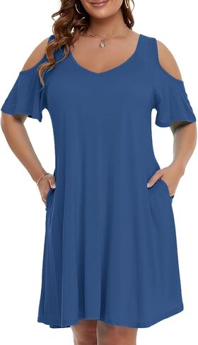 JollieLovin Womens Plus Size Short Sleeve Cold Shoulder V Neck T-Shirt Dress with Pockets in Saudi Arabia