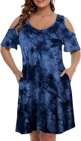 JollieLovin Womens Plus Size Short Sleeve Cold Shoulder V Neck T-Shirt Dress with Pockets in Saudi Arabia