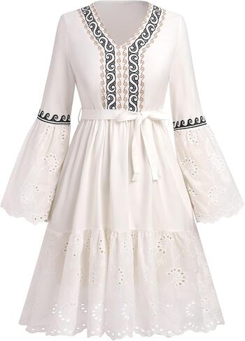 ABEWIP Women Bohemian Flower Embroidered Midi Dress Boho Mexican Long Sleeve V-Neck Ruffle Dresses in Saudi Arabia