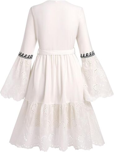 ABEWIP Women Bohemian Flower Embroidered Midi Dress Boho Mexican Long Sleeve V-Neck Ruffle Dresses in Saudi Arabia