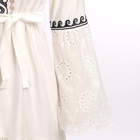 ABEWIP Women Bohemian Flower Embroidered Midi Dress Boho Mexican Long Sleeve V-Neck Ruffle Dresses in Saudi Arabia
