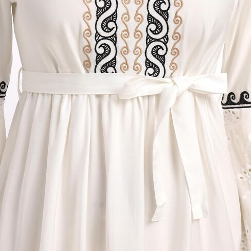 ABEWIP Women Bohemian Flower Embroidered Midi Dress Boho Mexican Long Sleeve V-Neck Ruffle Dresses in Saudi Arabia