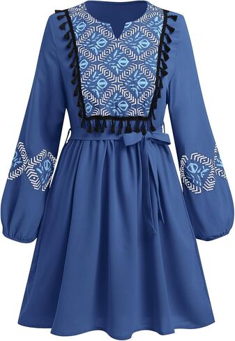 ABEWIP Women Bohemian Flower Embroidered Midi Dress Boho Mexican Long Sleeve V-Neck Ruffle Dresses in Saudi Arabia