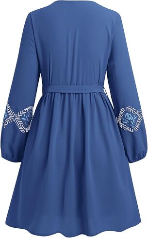 ABEWIP Women Bohemian Flower Embroidered Midi Dress Boho Mexican Long Sleeve V-Neck Ruffle Dresses in Saudi Arabia
