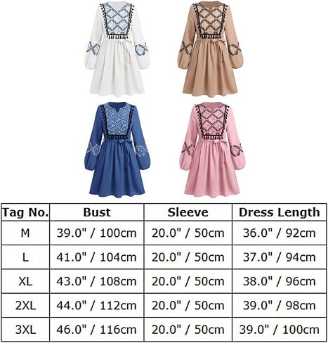 ABEWIP Women Bohemian Flower Embroidered Midi Dress Boho Mexican Long Sleeve V-Neck Ruffle Dresses in Saudi Arabia