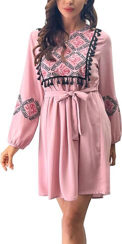 ABEWIP Women Bohemian Flower Embroidered Midi Dress Boho Mexican Long Sleeve V-Neck Ruffle Dresses in Saudi Arabia
