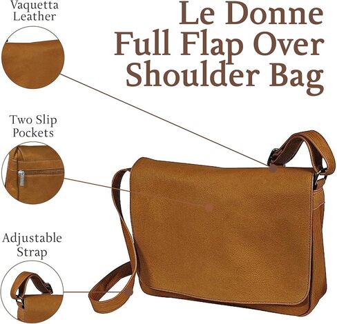 حقيبة كتف من الجلد بغطاء كامل من Le Donne، حقيبة كروس من جلد فاكويتا الكولومبي الفاخر المحبب بالكامل، مقاس 33.02 سم × 25.4 سم × 10.16 سم in Kuwait