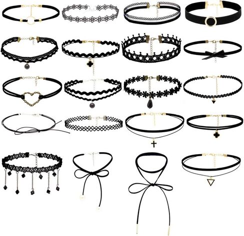 مجموعة Choker 20 قطعة قابلة للتعديل الكلاسيكية قلادة مجموعة القدم مع الأسود المخملية المعدنية قلادة صنع سلاسل خمر لوليتا للنساء الفتيات in Kuwait