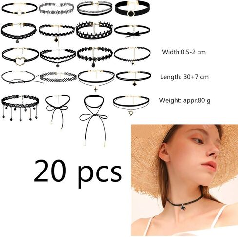 مجموعة Choker 20 قطعة قابلة للتعديل الكلاسيكية قلادة مجموعة القدم مع الأسود المخملية المعدنية قلادة صنع سلاسل خمر لوليتا للنساء الفتيات in Kuwait