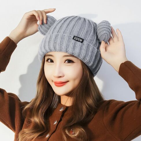 تجول أجيو بنات شتاء دافئ قبعة كروشيه يندبروف بيني قبعات للنساء سميكة الصوف قبعة متماسكة لطيف الدب قبعة in Kuwait