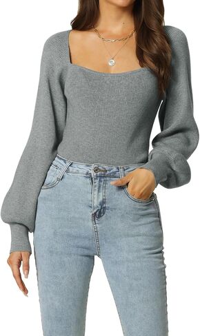 Seta T Women's Square Neck Long Sleeve Sweaters Casual Ribbed Knit Fitted Pullover Sweater Tops in Saudi Arabia