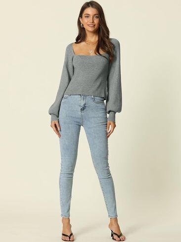 Seta T Women's Square Neck Long Sleeve Sweaters Casual Ribbed Knit Fitted Pullover Sweater Tops in Saudi Arabia