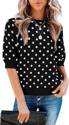 Huiyuzhi Womens Polka Dots Half Sleeve Pullover Sweater 3/4 Lantern Sleeve Round Neck Knit Tops Black in Kuwait