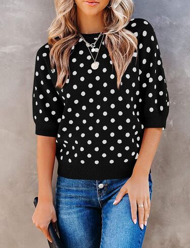 Huiyuzhi Womens Polka Dots Half Sleeve Pullover Sweater 3/4 Lantern Sleeve Round Neck Knit Tops Black in Kuwait