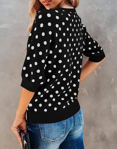 Huiyuzhi Womens Polka Dots Half Sleeve Pullover Sweater 3/4 Lantern Sleeve Round Neck Knit Tops Black in Kuwait