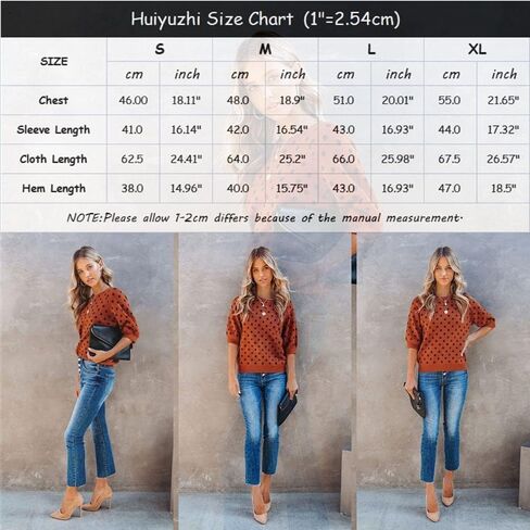 Huiyuzhi Womens Polka Dots Half Sleeve Pullover Sweater 3/4 Lantern Sleeve Round Neck Knit Tops Black in Kuwait